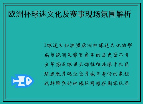 欧洲杯球迷文化及赛事现场氛围解析