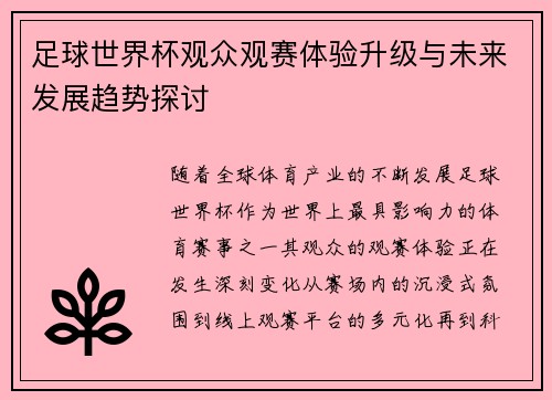 足球世界杯观众观赛体验升级与未来发展趋势探讨